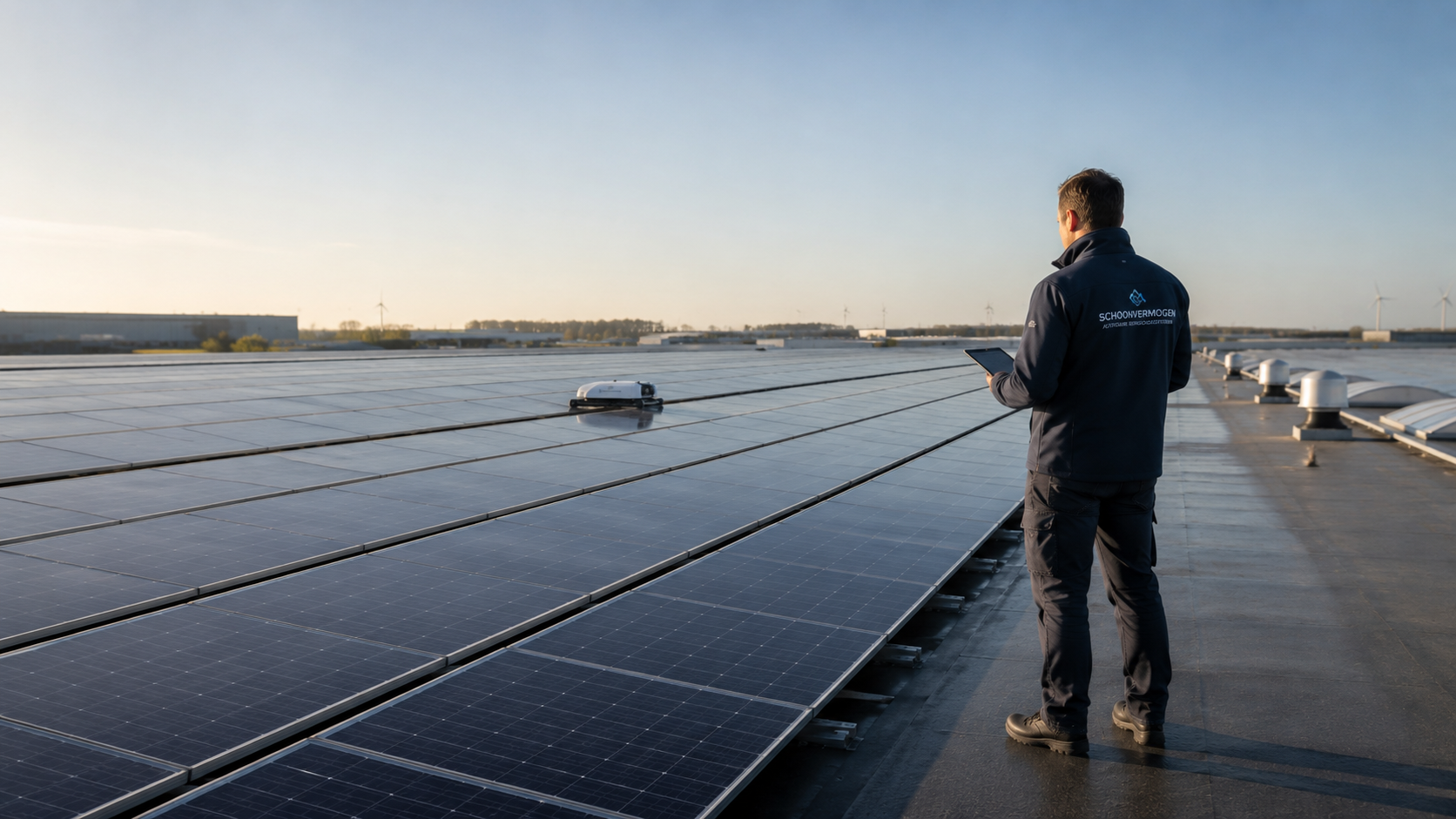 Schoonvermogen reinigingsrobot op een zonnepaneleninstallatie, ingezet door een professioneel schoonmaakbedrijf