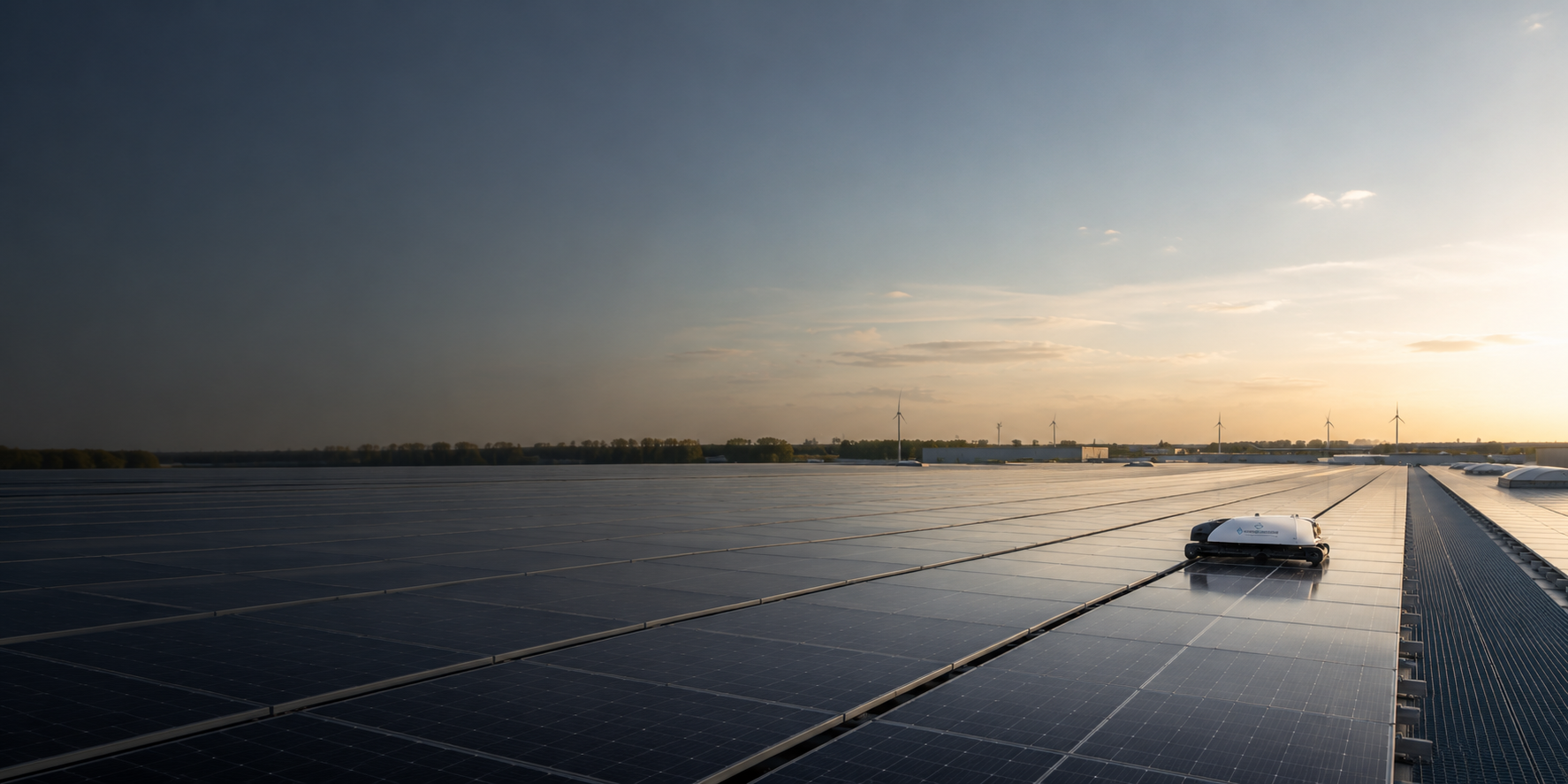 Zonnepaneleninstallatie bij zonsondergang
