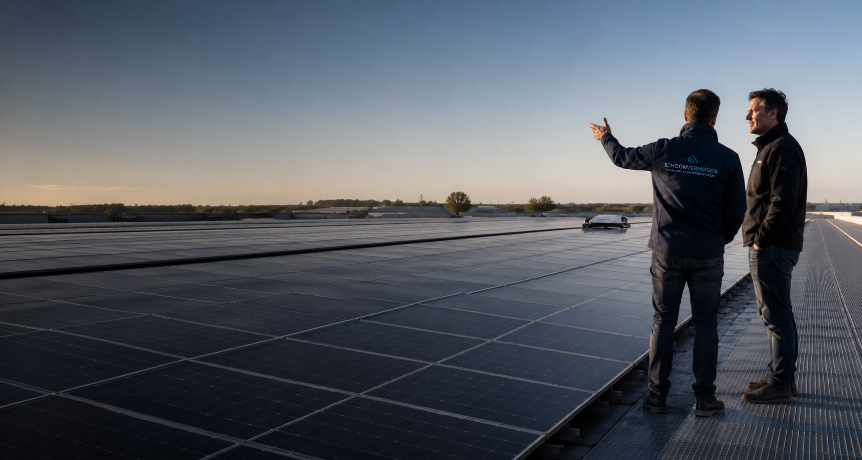 Een Schoonvermogen adviseur bespreekt de installatie met een klant op een dak vol zonnepanelen, met een reinigingsrobot op de achtergrond