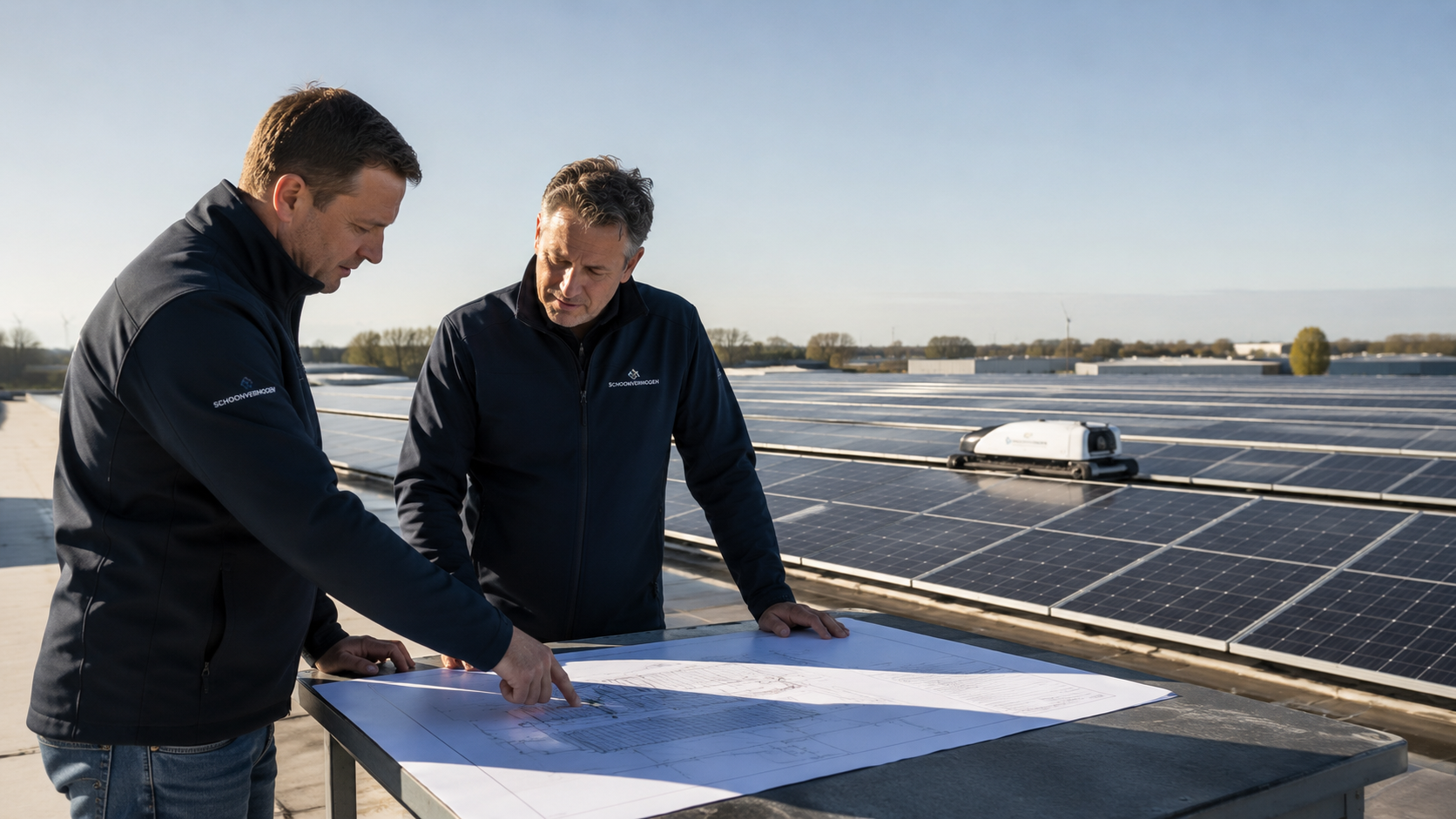 Een Schoonvermogen specialist legt de werking van de reinigingsrobot uit aan een klant op een zonnepaneleninstallatie