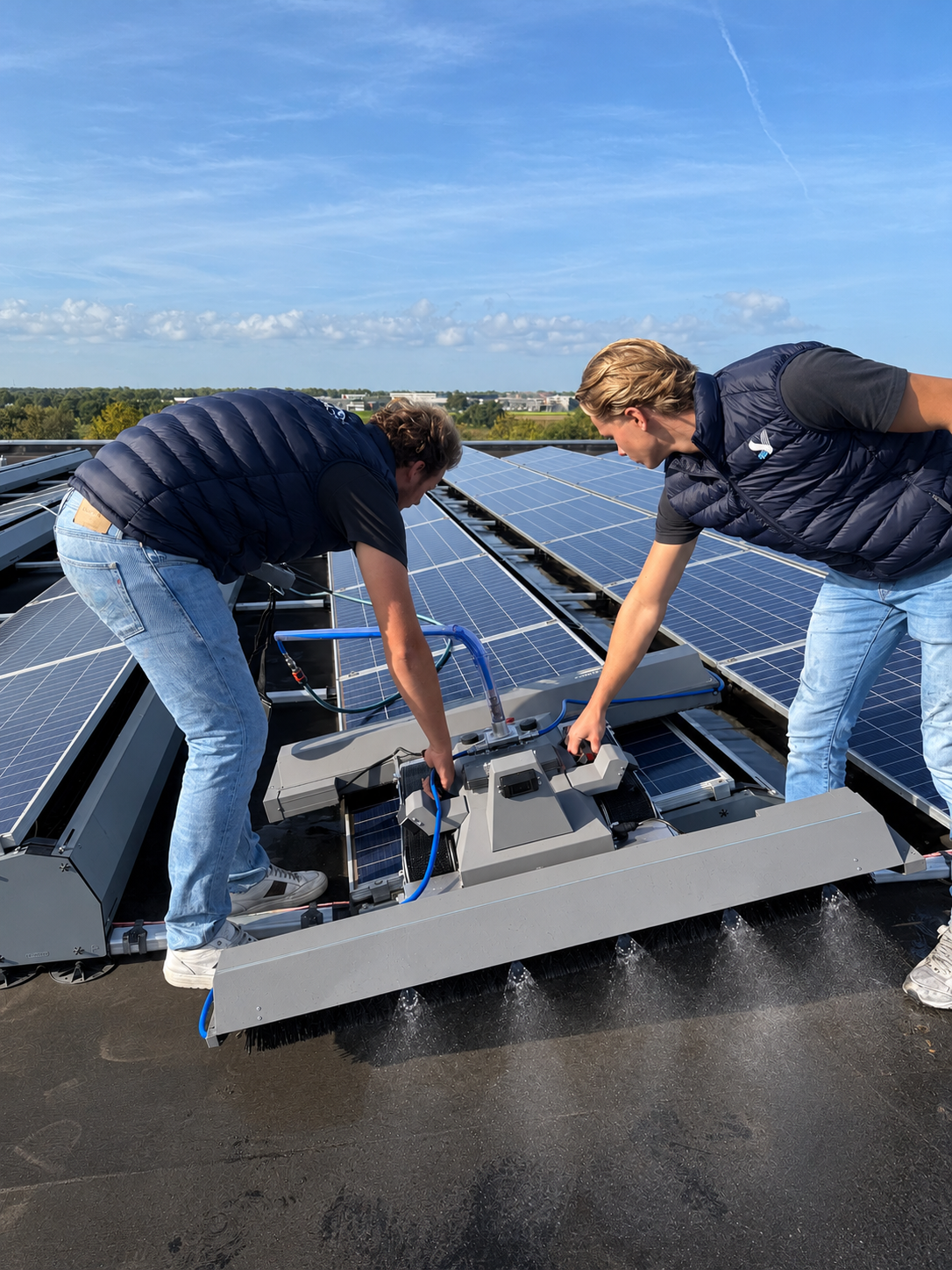 Twee medewerkers van een schoonmaakbedrijf bekijken een Schoonvermogen reinigingsrobot op een zonnepaneleninstallatie